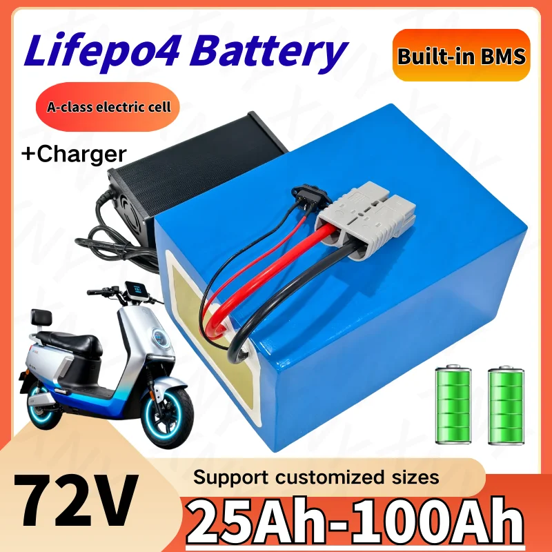 72V Lithium Lifepo4 Battery Lifelong 40Ah-100Ah with Intelligent BMS Charger for Electric Scooter Bike Motorcycle 3000W High Cap
