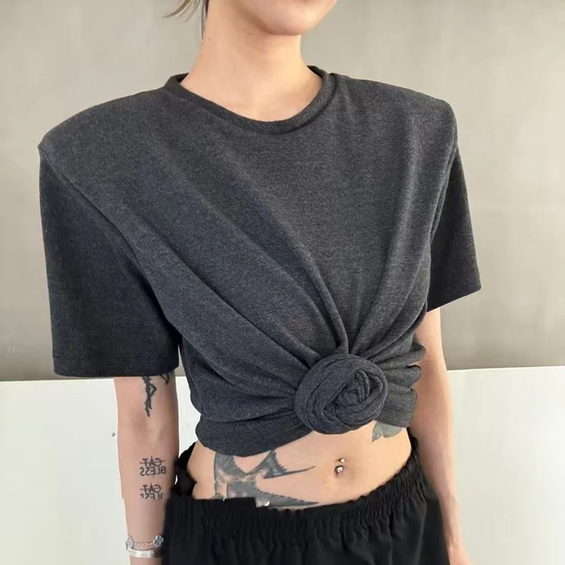Women's Knotted Button Flower Crew Neck Knit Threaded Top, Peplum Short Sleeve Padded Shoulder Women's T-Shirt, 2025，y2k