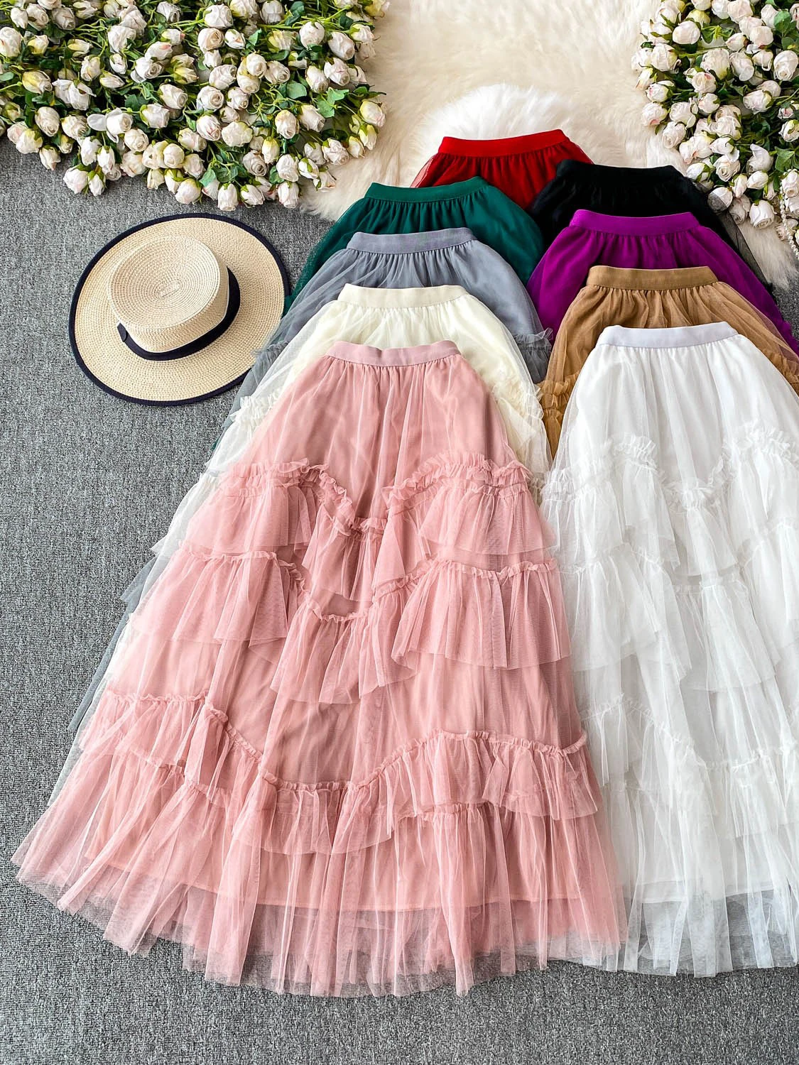 Saia de bolo branco f novo estilo tamanho pequ versátil cintura alta emaecimento malha de fadas crimento médio...