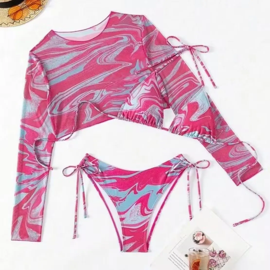 2025 New In 3 Piece Swimsuit Skinny Round Neck Long Sleeve Crop Tops Sexy Bandage Halter Bra Bikinis With Panties Womens Clothes