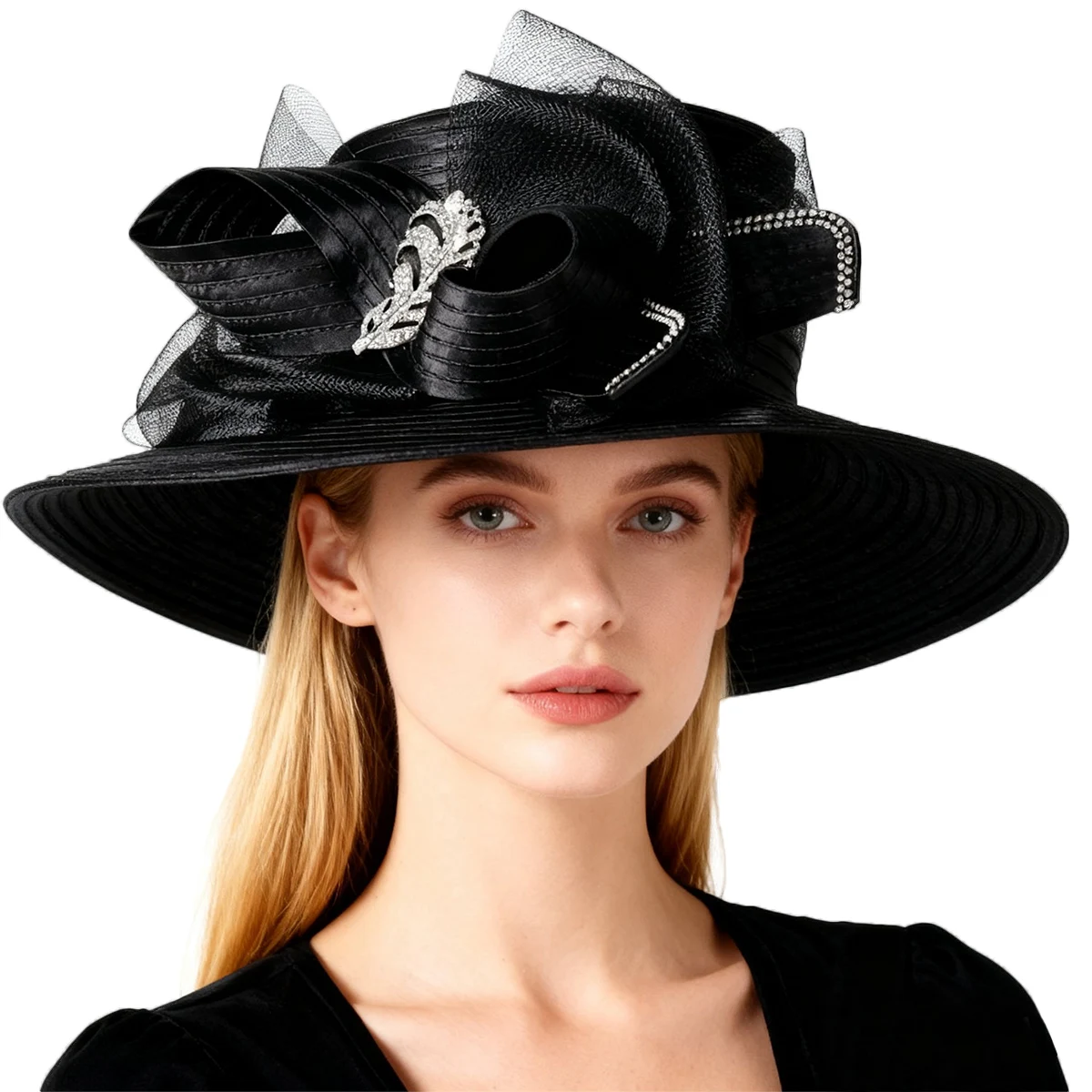 Women's Wedding Church Hat - Wide Brim Bowler Cap with Bow, Formal Bridal Party Flat Top Sun Visor for Ceremonies & Events