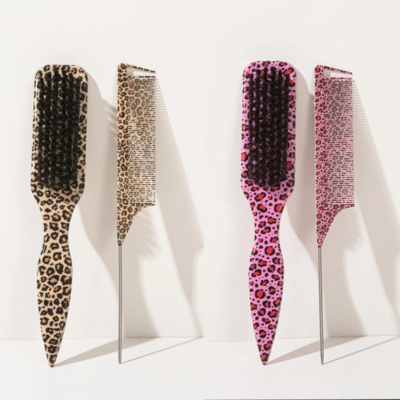 2-pcs Set Leopard Print Pointed Tail Brush and Pin Tail Comb. Soft Bristle, made of durable ABS material. Smooth hair combing, s