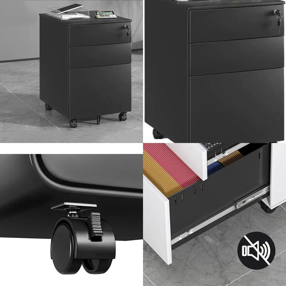 خزانة تخزين قابلة للقفل تحت المكتب مع أدراج - أسود