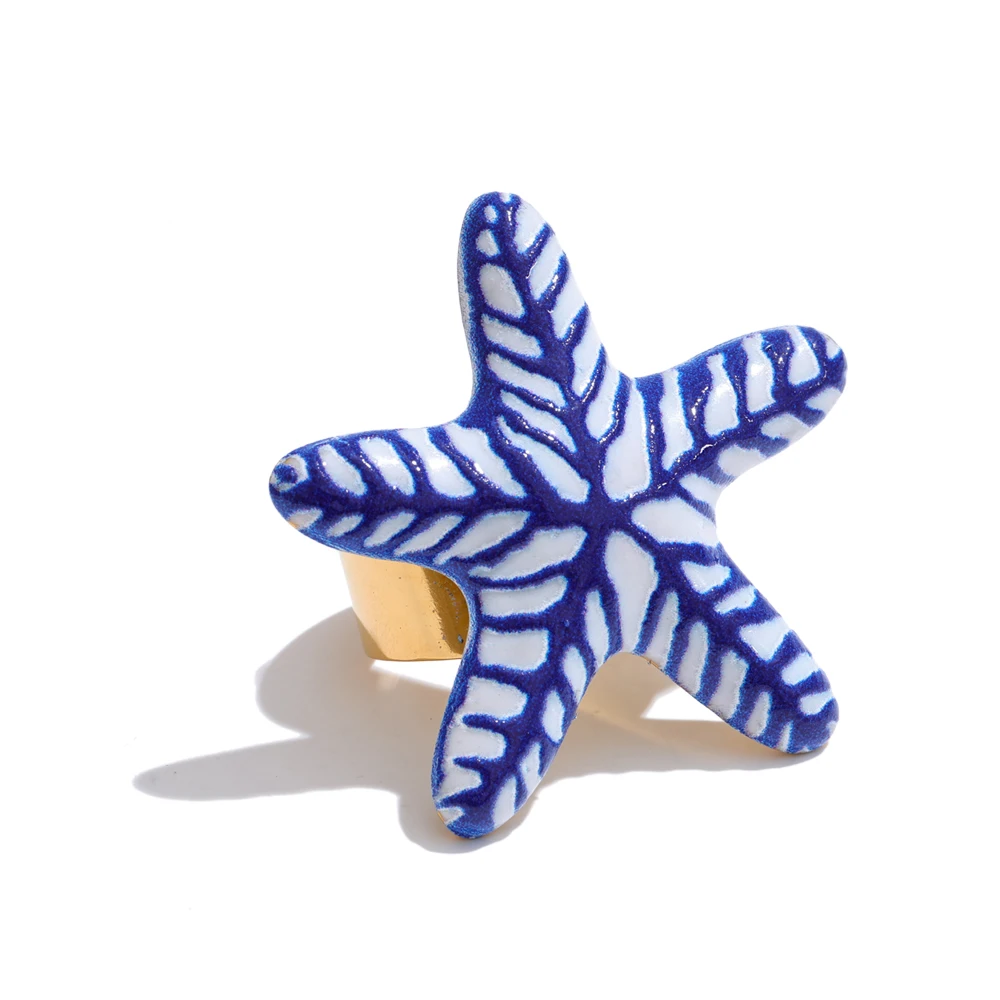 Blue Imitation Ceramic Starfish Stud Earrings & Ring Set