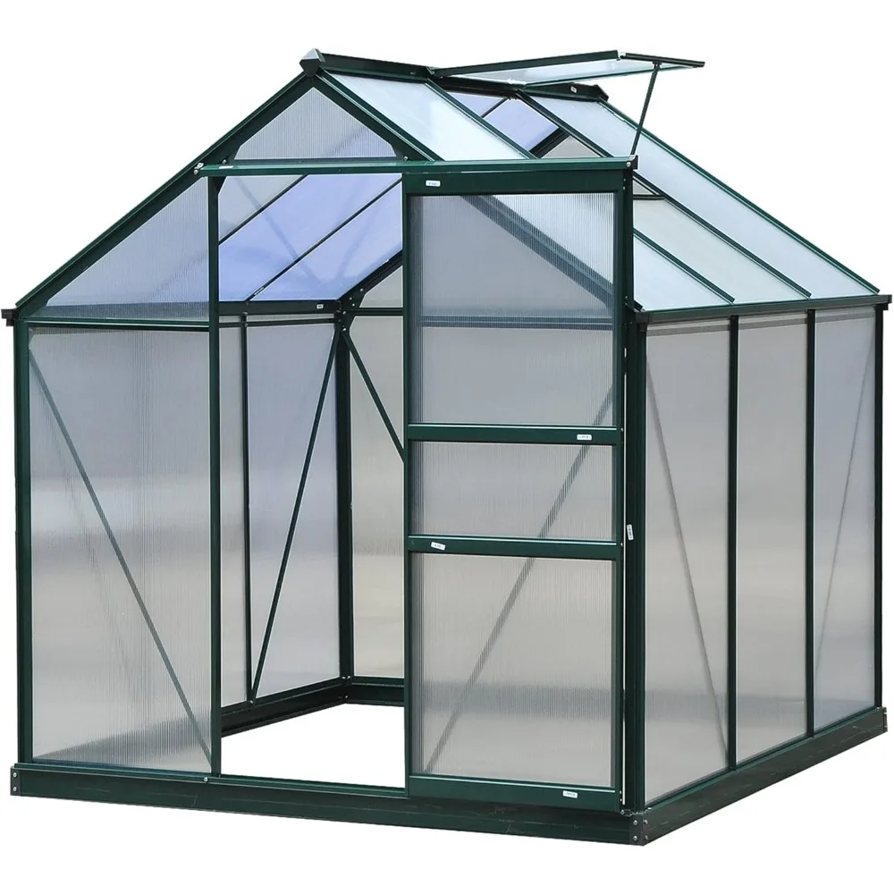 6' X 6' Greenhouse, Polycarbonate Greenhouses with Rain Gutter and Roof Vent, Aluminum Walk-in Green Houses, Greenhouse