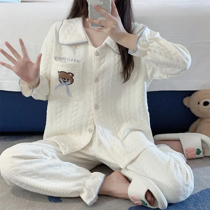 2023 New Thickened Cotton Pajamas Women Pure Cotton Loungewear Autumn Winter Sweet Sleepwear Air Layer Falbala Homewear Set