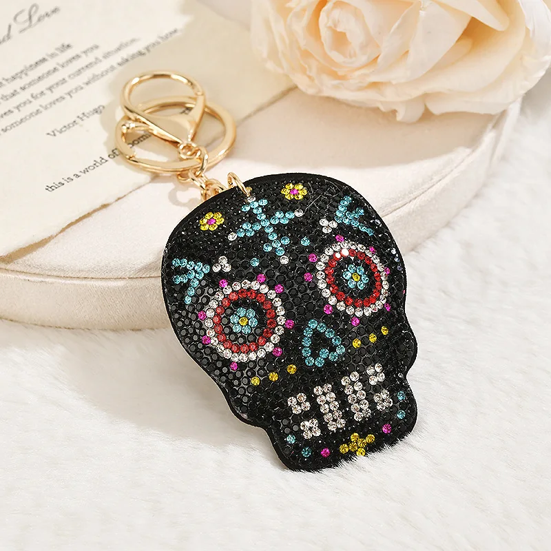 Skull Keychain Rhinestone Crystal Day of the Dead Skull Key Ring Bling Gothic Bag Charm Car Key Fob Accessories Gifts for Women