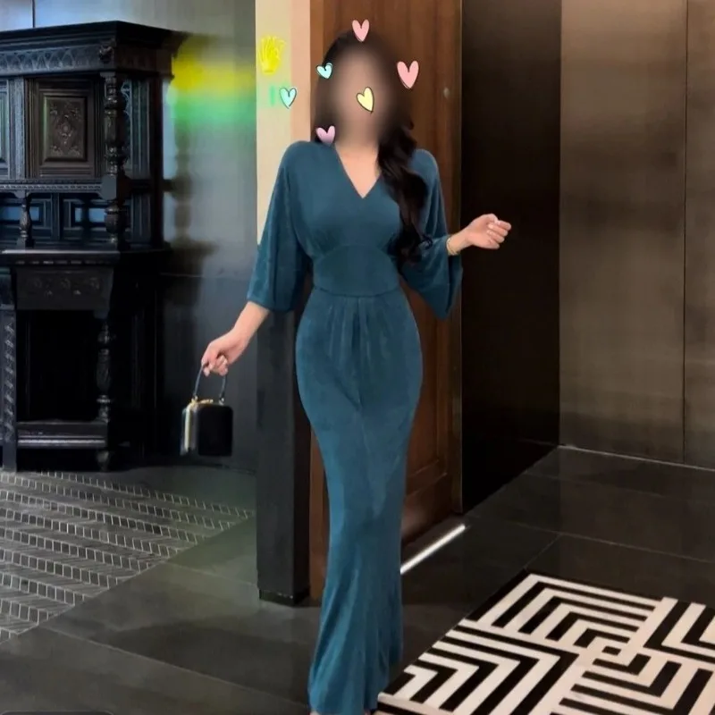 気質Vネックワンピース レディース 夏 スリム ハイウエスト カジュアルスカート ヒップカバー ロングワンピース