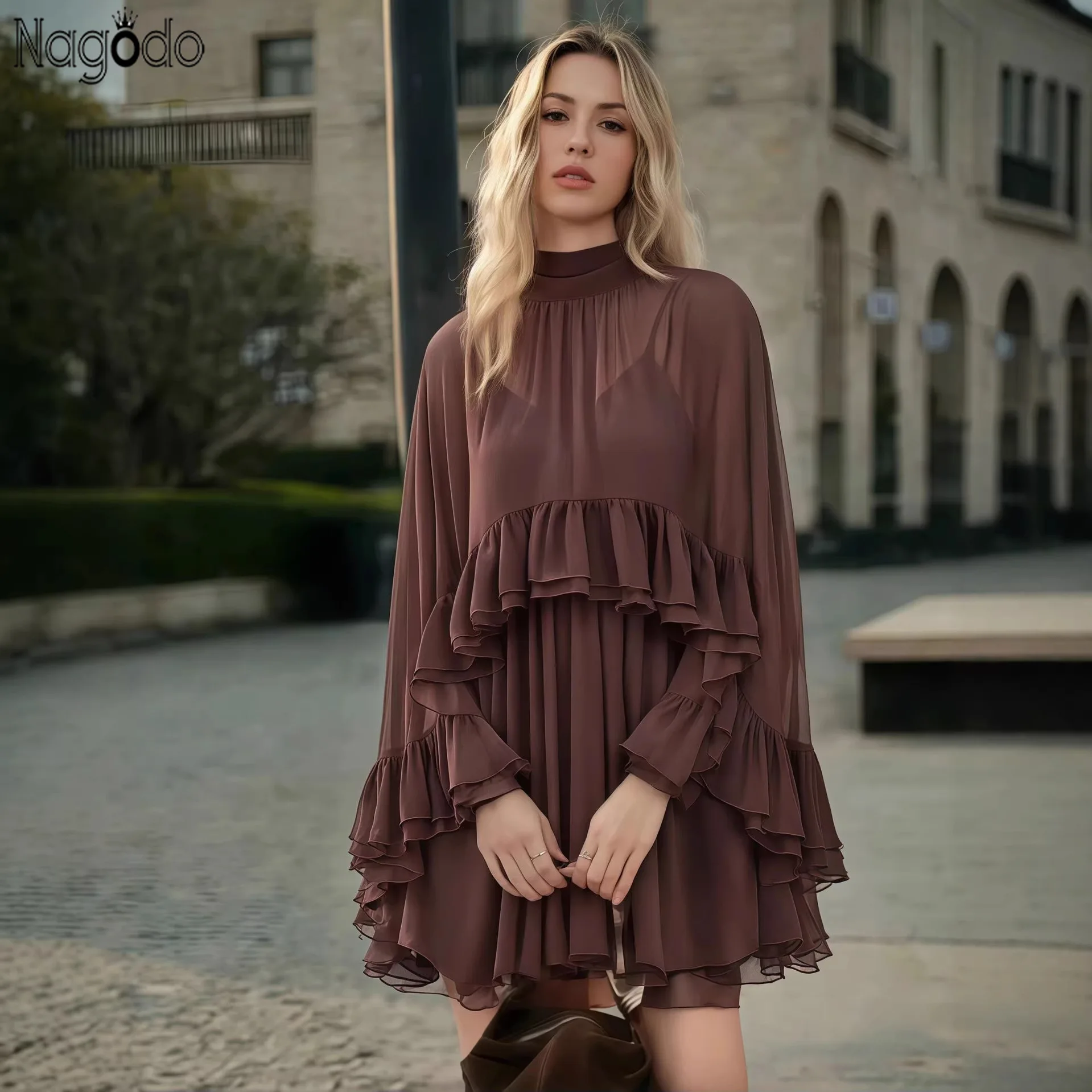 

Nagodo Summer Chiffon Elegant Dress Flounced Edge Sleeveless Camisole Brown Burgundy Two-piece Set Mid Dresses Women Party Dress