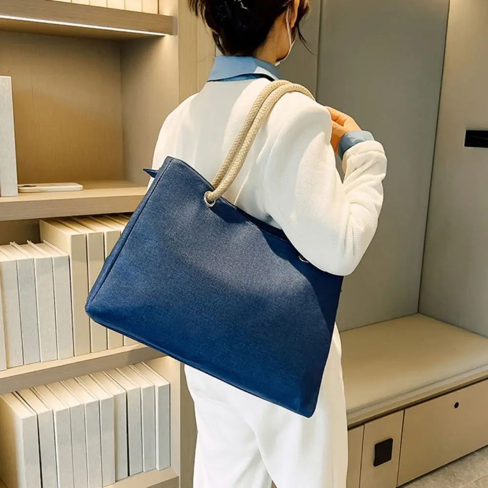 

Simple Large Capacity Solid Color Handbag Shoulder Bag Beach Bag Linen Tote Bag Zipper Ethnic Style Handba Storage Bag