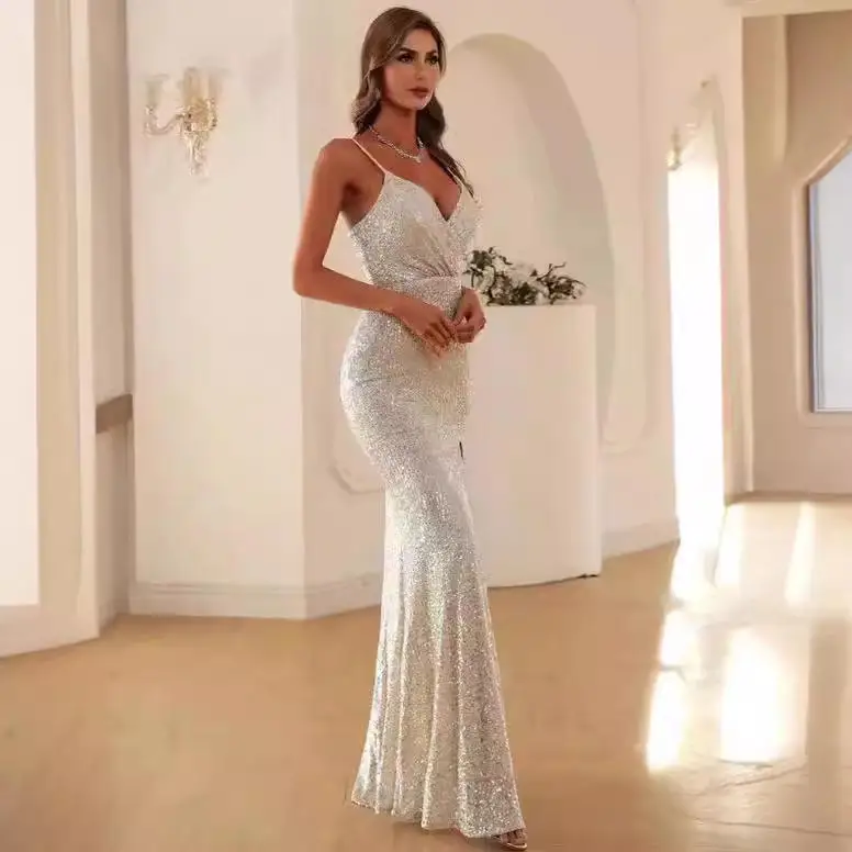 فستان نسائي من iny Sequin Deep V Fi Tail Dr لصيف 2024 Faion Commute Sle منتصف الخصر تنورة على شكل حرف a بدون علامة تجارية