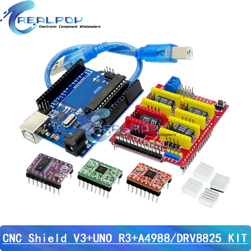 CNC Shield V3 engraving machine 3D Printer+ 4pcs A4988 / DRV8825 driver expansion board for Arduino + UNO R3 with 30cm USB cable