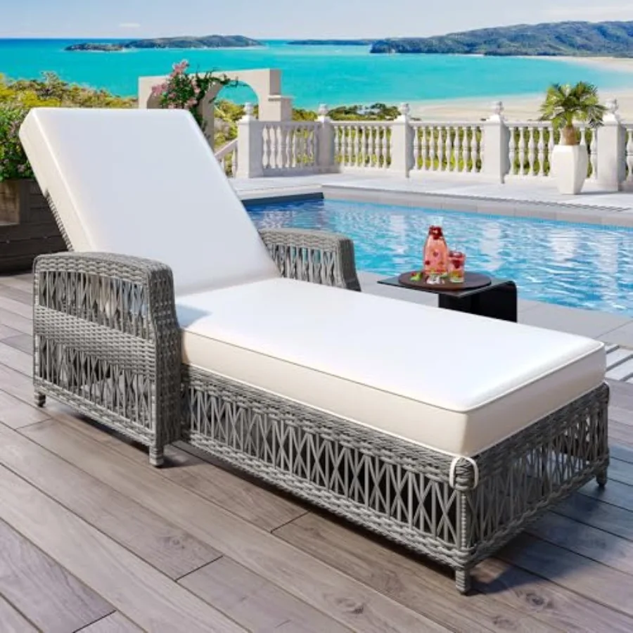 

Patio Lounge Chair, Outdoor Rattan Chaise Lounge with 4 Adjustable Backrest and Armrests, All Weather Wicker Reclining Pool Sun