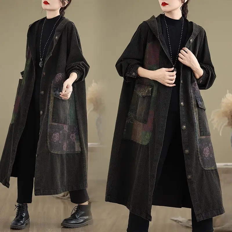 Autumn Coat Women Long 2024 Retro Patchwork Hooded Denim Jacket Loose Large Version Vintage Jeans Windbreaker Outerwear k2501