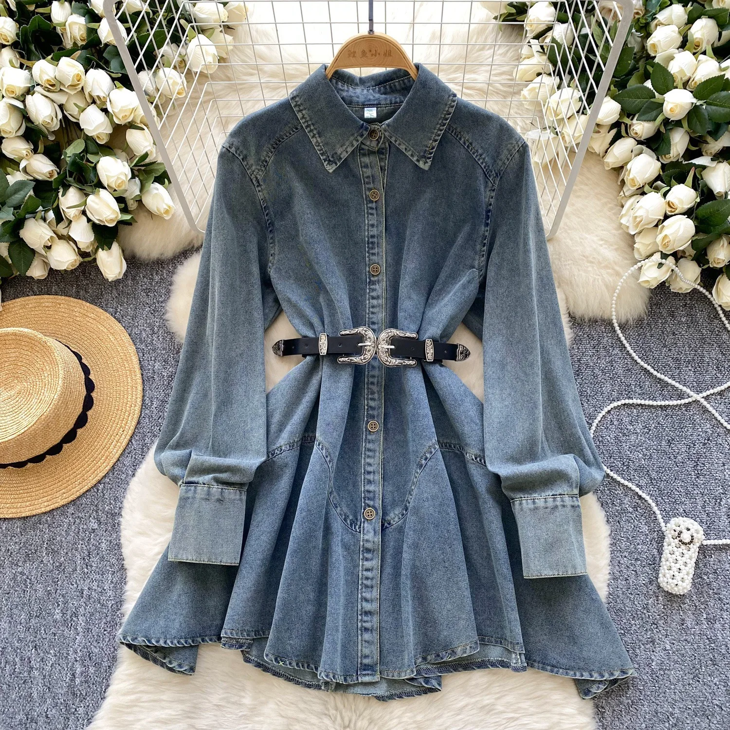 

Spring Autumn Trend Vintage Denim Dress Women High End Irregular Loose Shirt Cowboy Dress Belt Short Vestidos Single-breasted