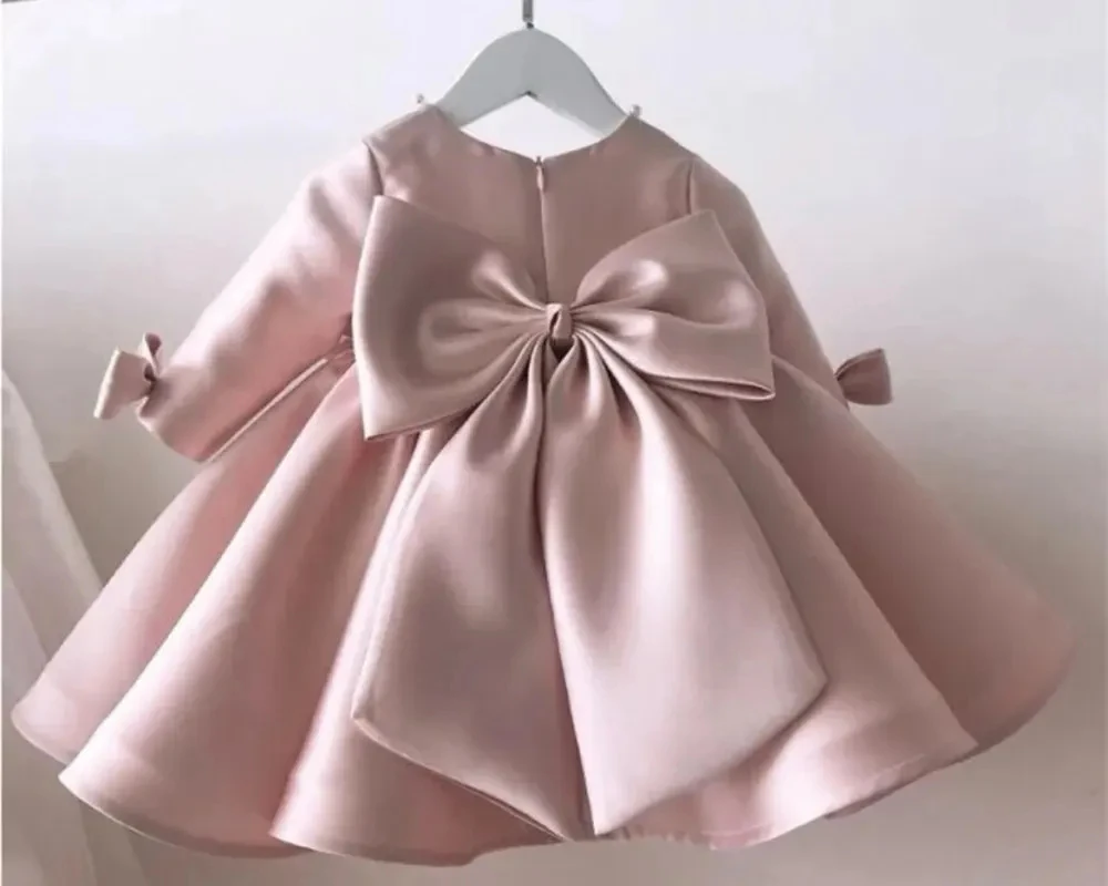 Pink Satin Baby Girls Party Dresses A Line Long Sleeves Gristenning Gowns Pearls O Neck Floor Length Flower Girl Dress Customize