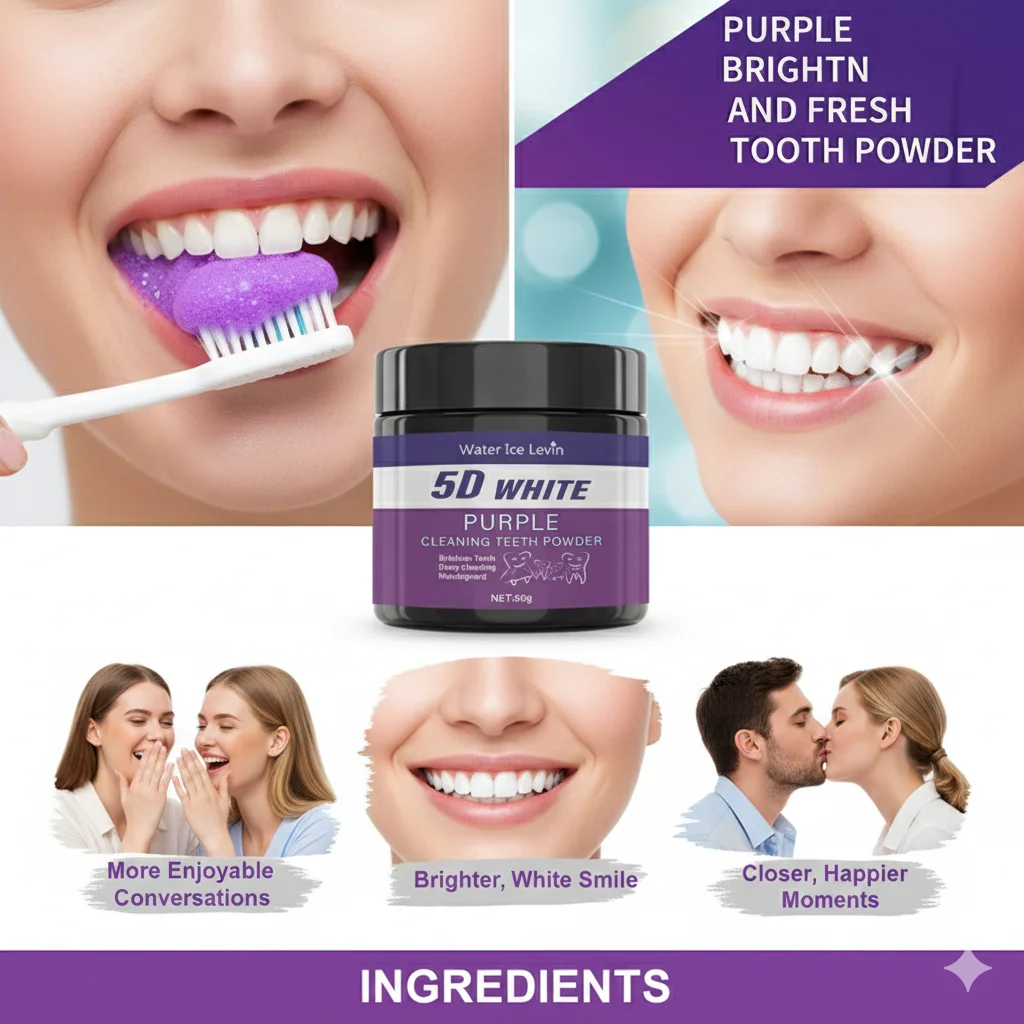 مسحوق تبييض الأسنان البنفسجي - تنظيف عميق بالفحم لإزالة البقع، نفس منعش، عناية الشتاء للفم لابتسامة أكثر إشراقاً