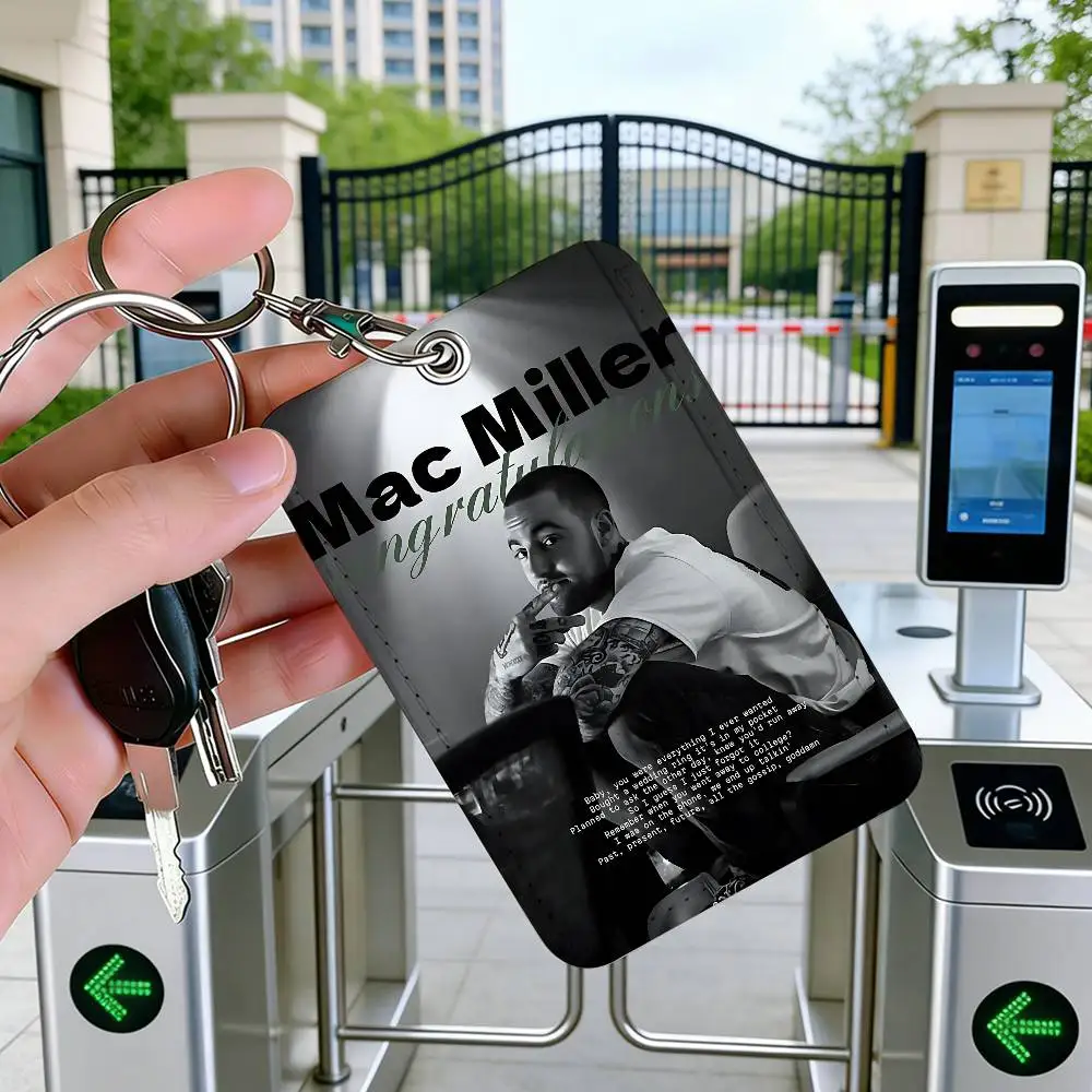 Rapper M-Mac Miller Rectangle ID Card Case Keychain Access Card Bag Key Tag Ring Leather Card Holder Key Ring Access