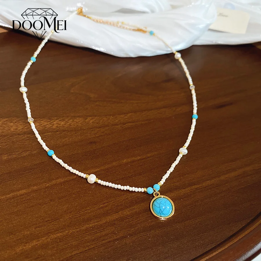 DOO MEI Boho Turquoise Pendant Necklace Elegant freshwater Pearl Seed Bead Chain Necklace for Women Vacation Daily Jewelry
