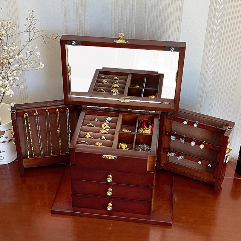 Wood Jewelry Box Velvet Drawer Ring Necklace Bangles Jewelry Boxes Organizer Earrings Display Tray Women Accessories Storage