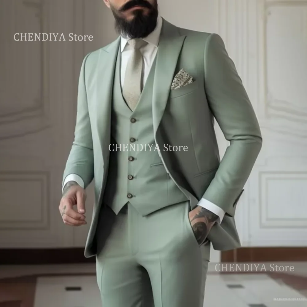 Sage Green Men's Suits Slim Fit 3 Pieces (Jacket+Vest+Pants) Wedding Groom Tuxedo Prom Formal Male Party Handsome costumes homme