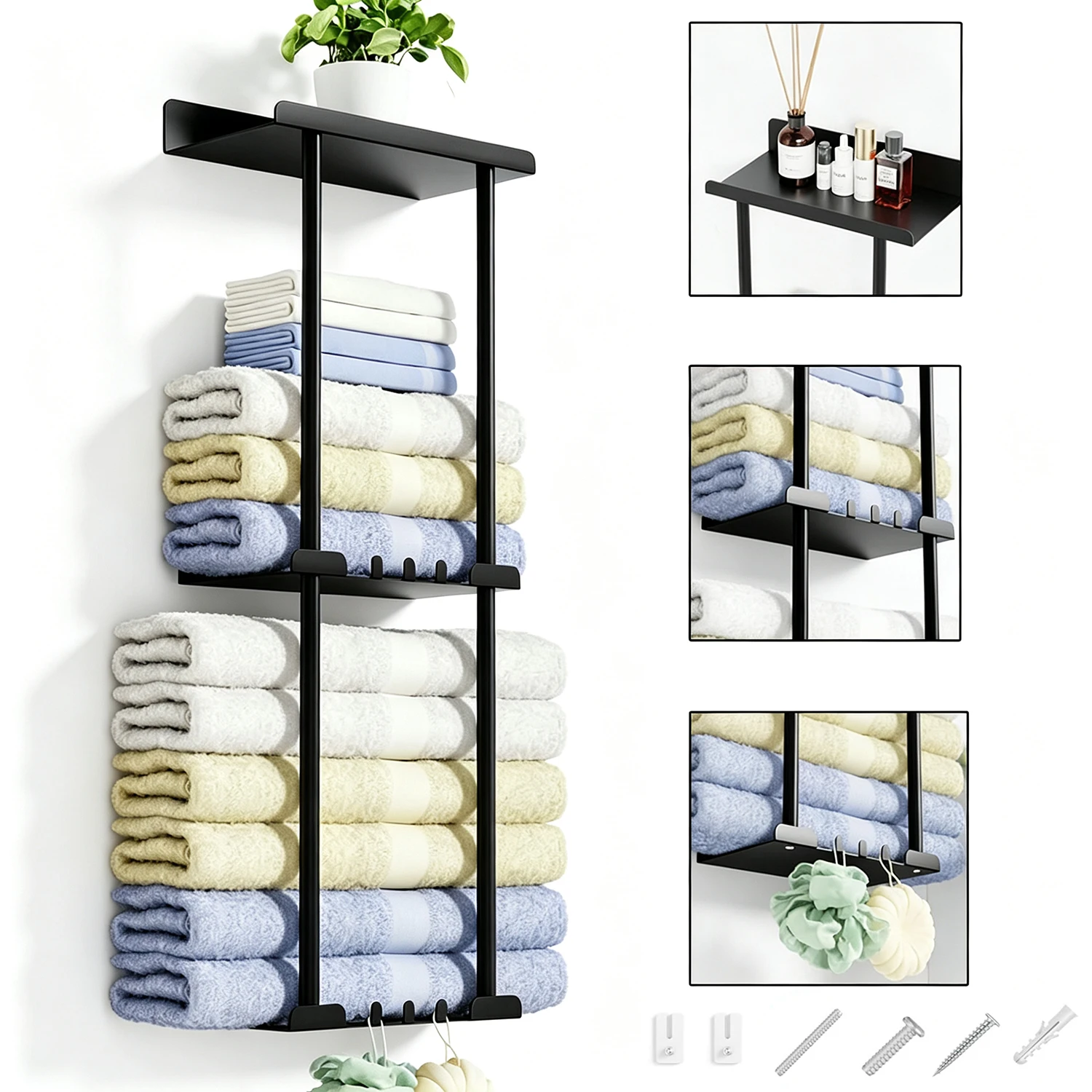 Portasciugamani da bagno, da parete, modello verticale, con ripiano, per riporre e organizzare gli asciugamani, capacità di 6 asciugamani grandi, colore nero opaco.