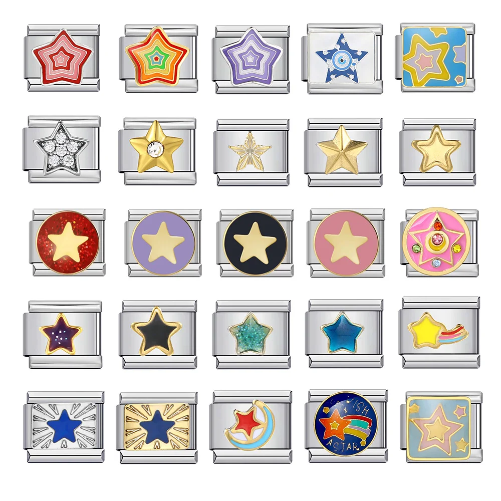 

Trendy Colorful Stars Italian Charms Link fit 9mm Stainless Steel Bracelets for Woman Men Daily Party Gifts DIY Making Jewelry