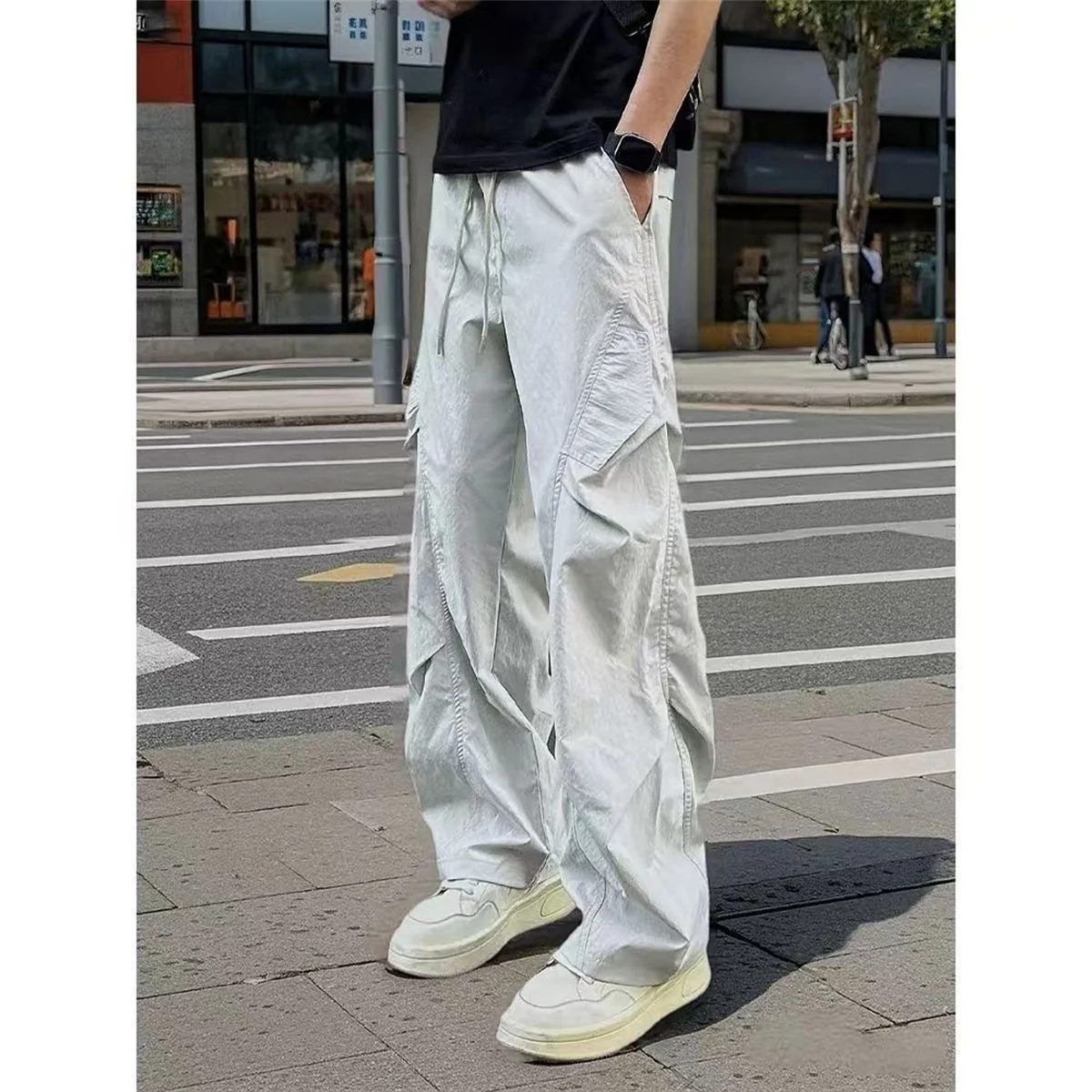 

Удобные и уникальные быстросохнущие плиссированные рабочие брюки из тонкого ледяного шелка, летние однотонные мужские многофункциональные повседневные брюки