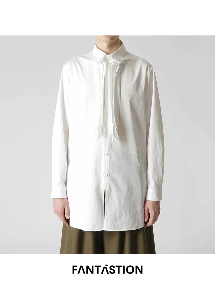 

FANTASTION Detachable double-layer ribbon collar england Retro Court Light luxury style shirt Unisex loose oversized size shirts