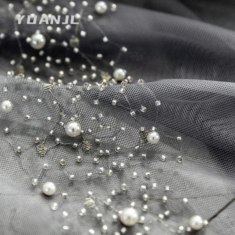 Europäische graue Tüll-Luxusvorhänge für Wohnzimmer, Schlafzimmer, moderne Perlenstickerei, wunderschönes, elegantes Fenster, individuell, Yarm Sheer