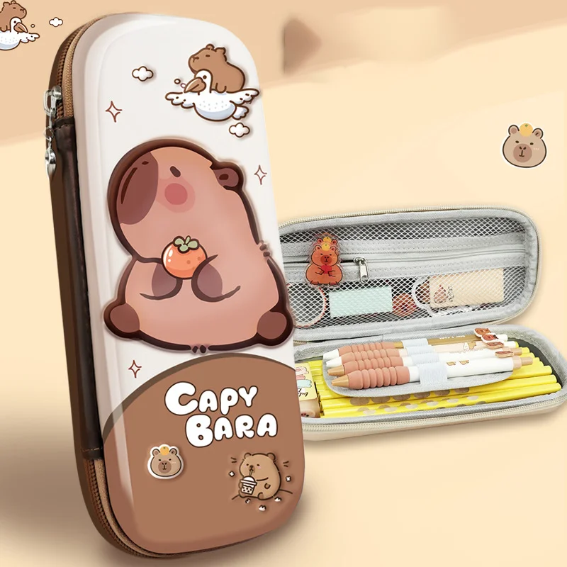 Niedliches Capybara-Federmäppchen - 3D-Stereo Ästhetisches Kawaii Stiftetui, Wasserdichter Schulbedarf-Organizer mit Fächern