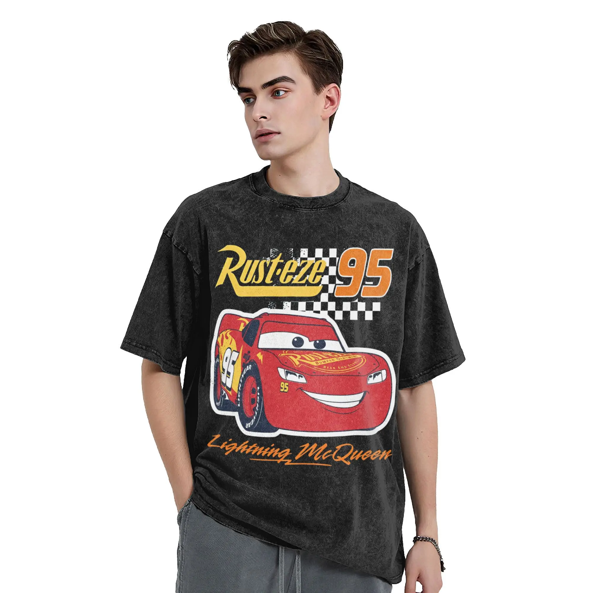 Graphic Printed lightning mcqueen car sally Washed T Shirts Apparel Harajuku T-Shirt  Men Women Tee