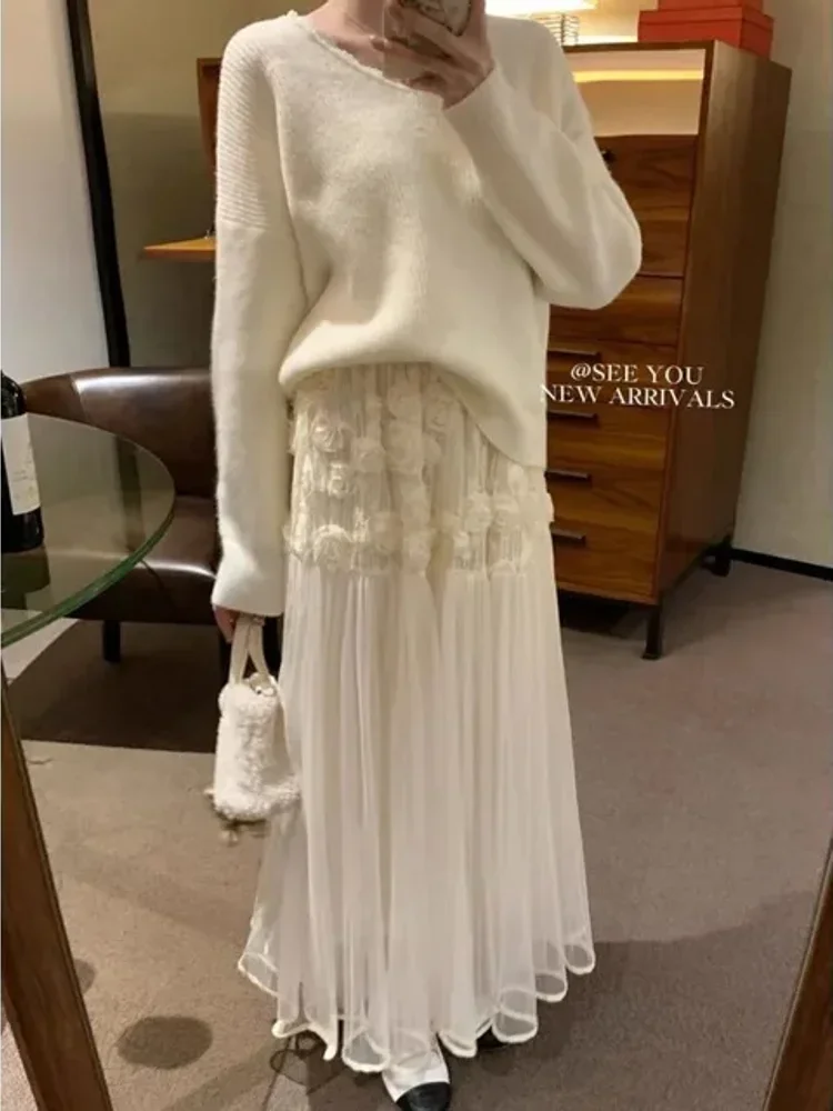 Falda larga de malla con flores en 3d para mujer, faldas de playa acampanadas de cintura alta para primavera y verano, falda de diseño dulce coreano 2025