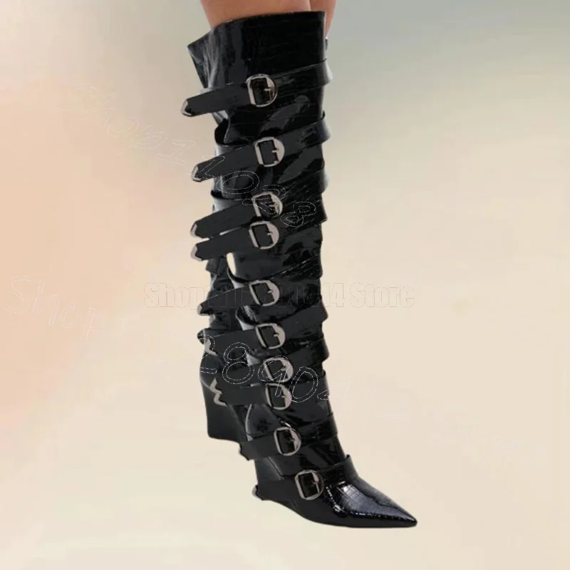 

Black Buckle Design Wedges Heel Patent Leather Boots Side Zipper Women Shoes Pointed Toe Party Dating 2025 Zapatos Para Mujere
