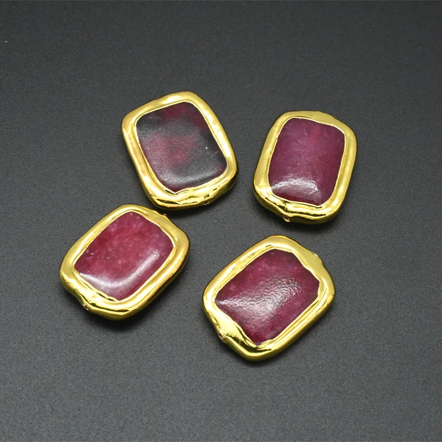 Wholesale 10pcs Rose Red Color Rectangle Stone Gold Plating Gems Beads For Women DIY Jewelry Making Accessories