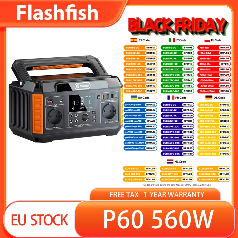 FlashFish P60 Central eléctrica portátil de 560 W, generador solar de 520 Wh/140400 mAh, salidas de CA de onda sinusoidal pura de 220 V, 11 salidas, negro