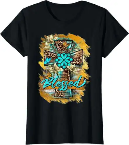 Women Tops Leopard Cross With Turquoise Flowers Blessed Jesus Christian T-Shirt