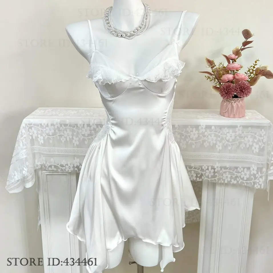 

New Female Suspender Nightgown Lingerie Sexy Hollow Out Lace Nightdress Home Clothing Summer Ice Silk Sleepwear Lounge Wear