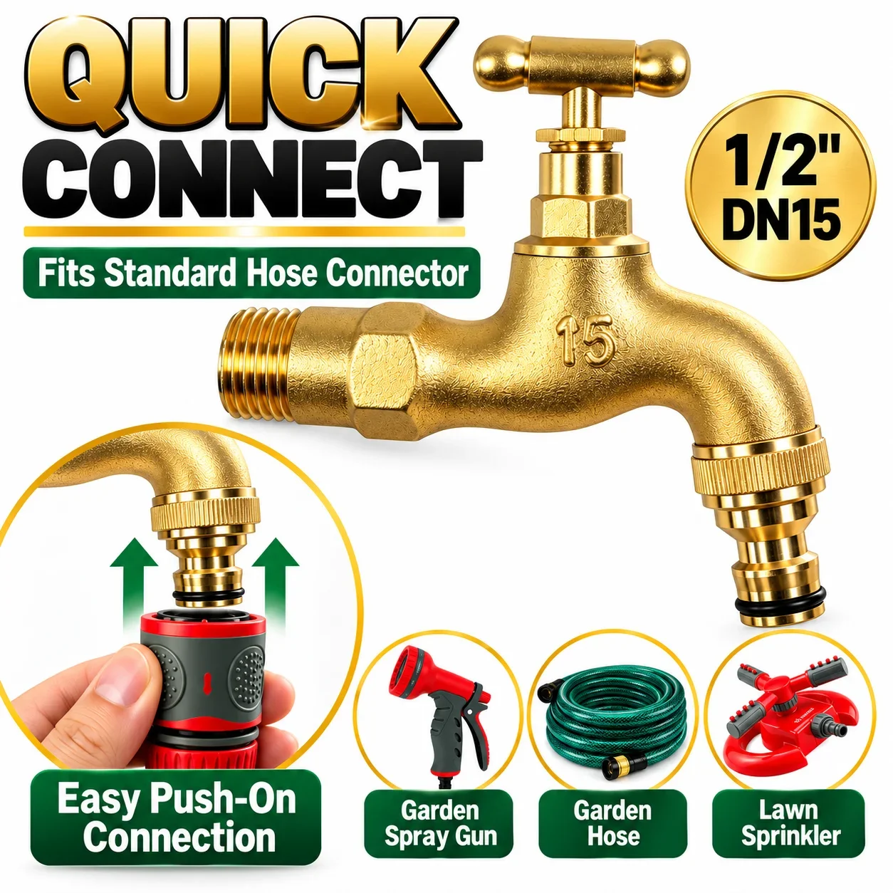 1/2 Inch DN15 Heavy Duty Solid Brass Outdoor Faucet Frost Proof Anti Freeze Slow Open Garden Yard Water Tap Quick Hose Connector