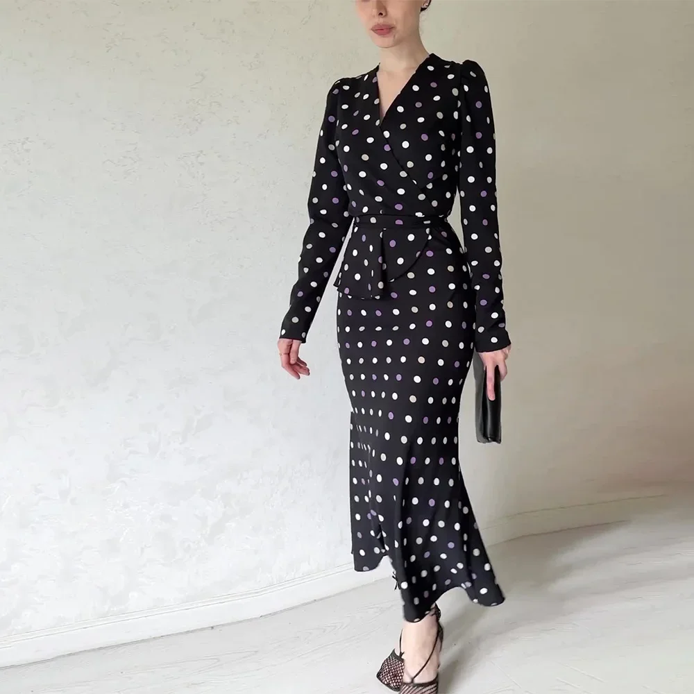 Polka Dot Long Dresses Women French Elegant Vintage Hip Wrap Dress Ladies Autumn Long Sleeve V Neck Slim Lace Up Maxi Dresses