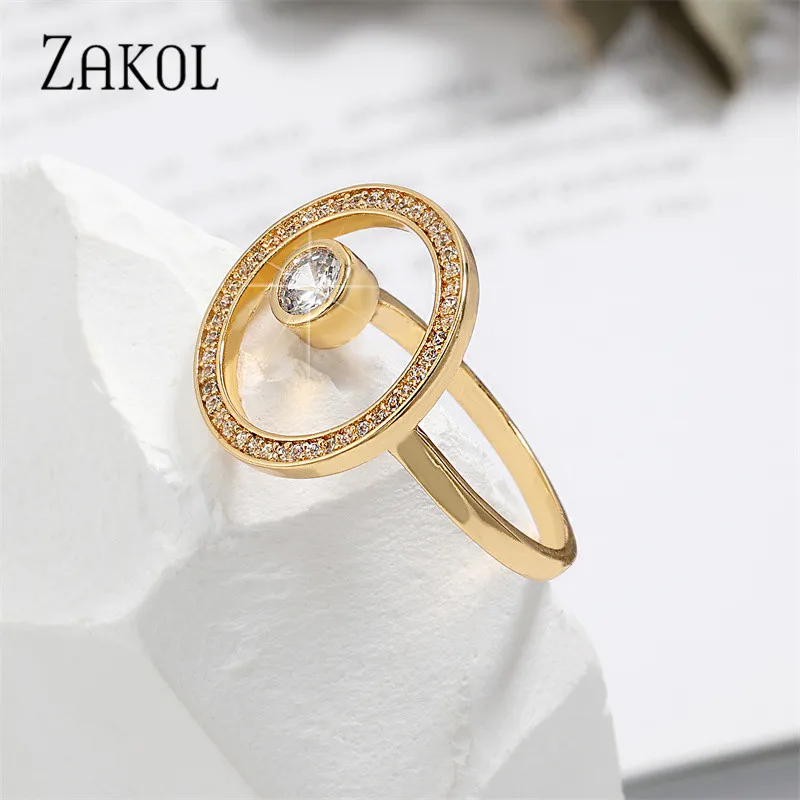 ZAKOL INS Exaggerate Big Circle Zircon Rings for Women Korea Fashion Geometric Cutout Round Open Ring Evening Party Jewelry