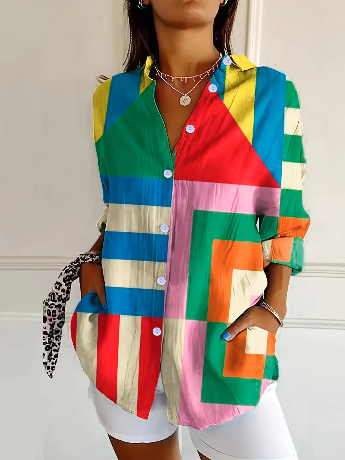 Женская рубашка на пуговицах с длинными рукавами и геометрическим принтом допамина, яркий дизайн с цветными блоками, модные весенние и летние топы