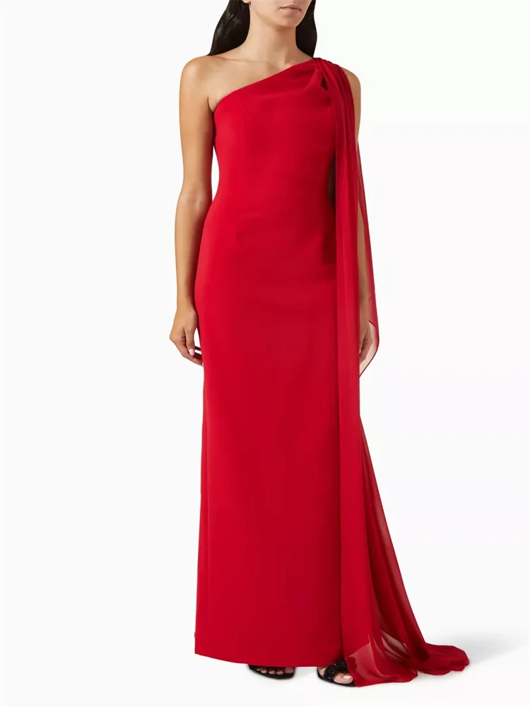 

Hot Selling One-Shoulder Neckline With Cloak Crepe Straight Evening Dress Elegant Back Zipper Floor Length Gown For Women 2024