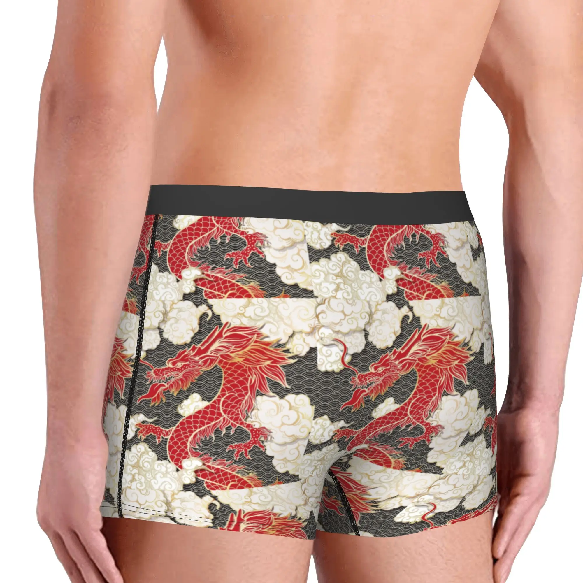 Male Novelty Chinese Red Dragon Totem Pattern Underwear Tradition Asian Style Boxer Briefs Stretch Shorts Panties Underpants