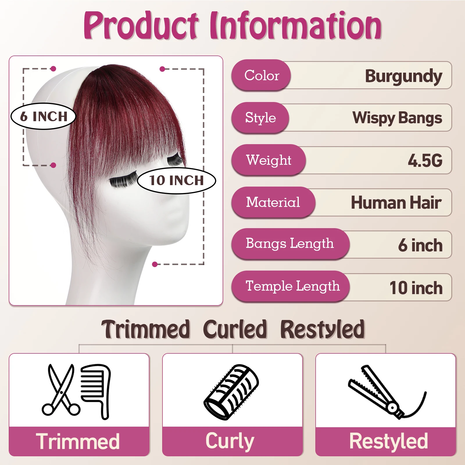 Burgundy Clip in Bangs 100% Real Human Hair Pieces Hair Clip on Bangs for Women Faux Bangs Clip in Hair Extensions for Daily Use