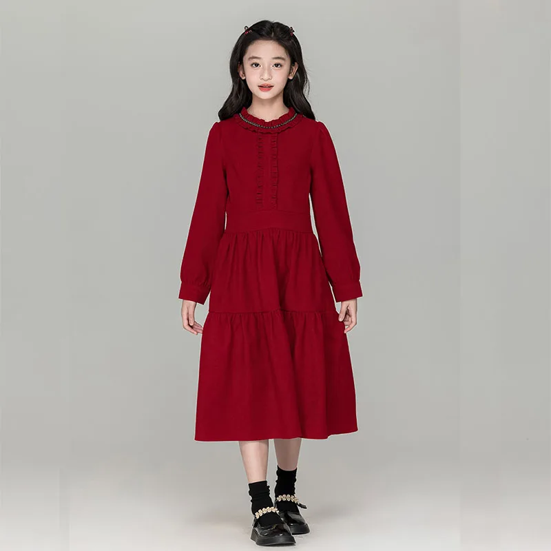 فستان توين خريف شتاء 2025 فساتين سروال قصير أحمر للفتيات الصغيرات ملابس أطفال للبنات مقاس 10-12 7-8 14-16 9 11 13 15 سنة