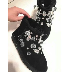 Bling Pure Rhinestone szyte śniegowe buty czarne krowy zamszowe nity szpilki gruba podeszwa zimowe botki kobieta ciepłe pluszowe futrzane botki