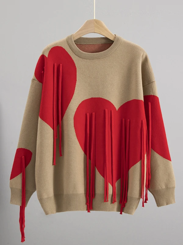 

Вязаный свитер с сердечками и кисточками, разноцветный, свободного кроя, с длинными рукавами, круглым вырезом, для женщин