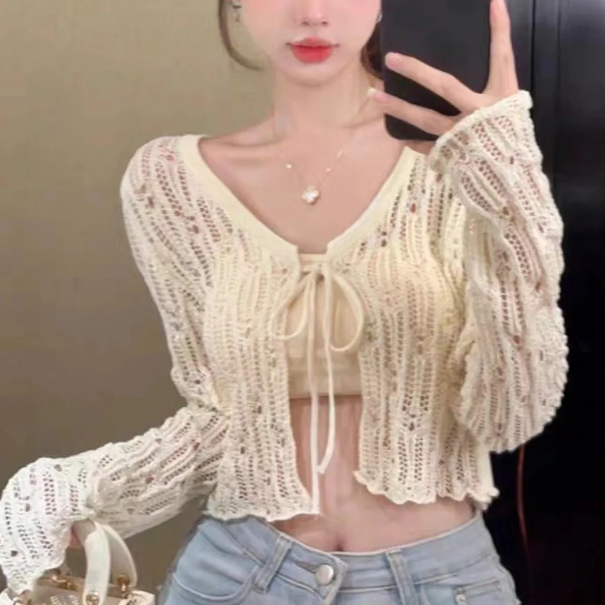 

Tie Up Crochet Cardigan Long Sleeve Open Knit Crop Top Cardi Bolero Women Beach Cover Up Boho Cottagecore Spring Summer 2026