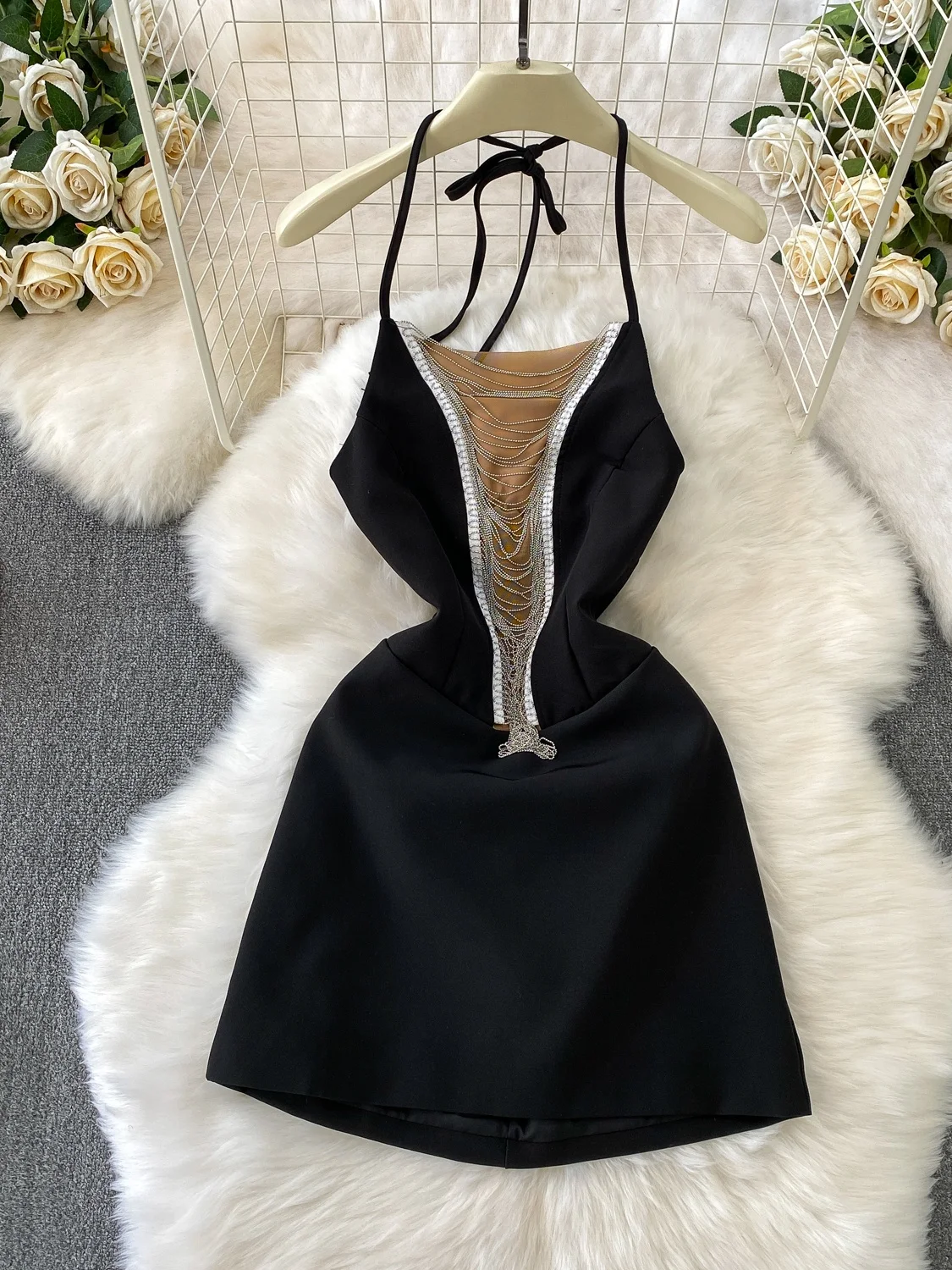  Sexy Me Splice Hanging Ne Dr Women's Autumn Winter Design Chain Slim A-Line Skirt High Waist Net Material